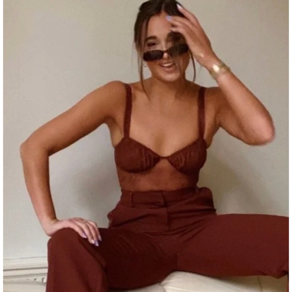 Danielle Bernstein x Macys Warm Brown Sheer Lace Corset Bodysuit 320B114 NWT 00